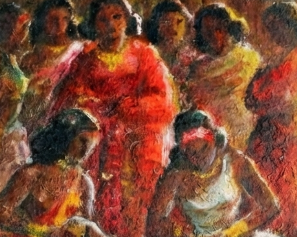 Artistic depiction of a group of women in colorful traditional attire.